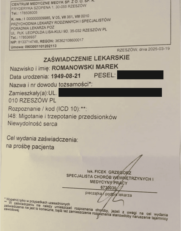 Zaświadczenie lekarskie